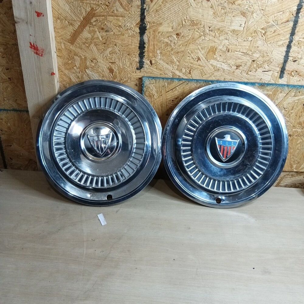 2 Vintage Rambler Eagle Hubcaps Dog Dish Wheel Covers Wall Art Craft Clock DIY